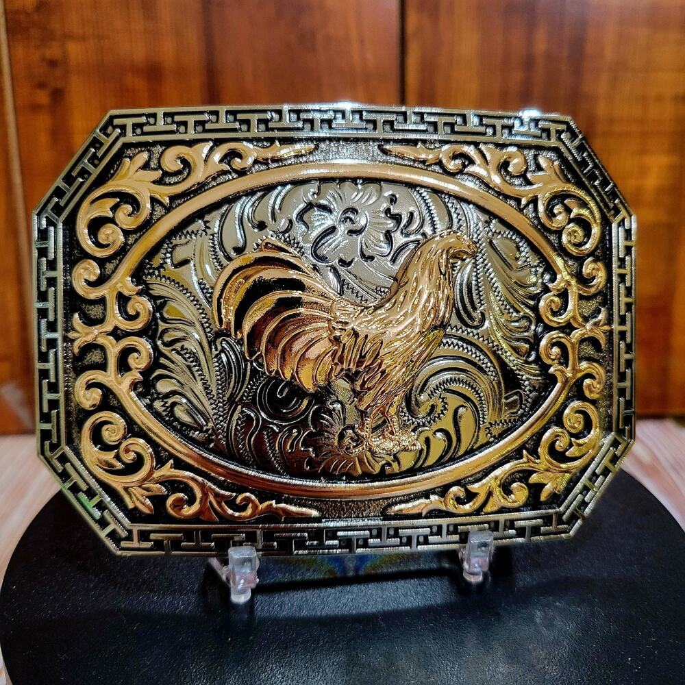 Rooster Cowboy Belt Buckle Western Silver & Rosetone 4x3.5 Inch Antique Finish